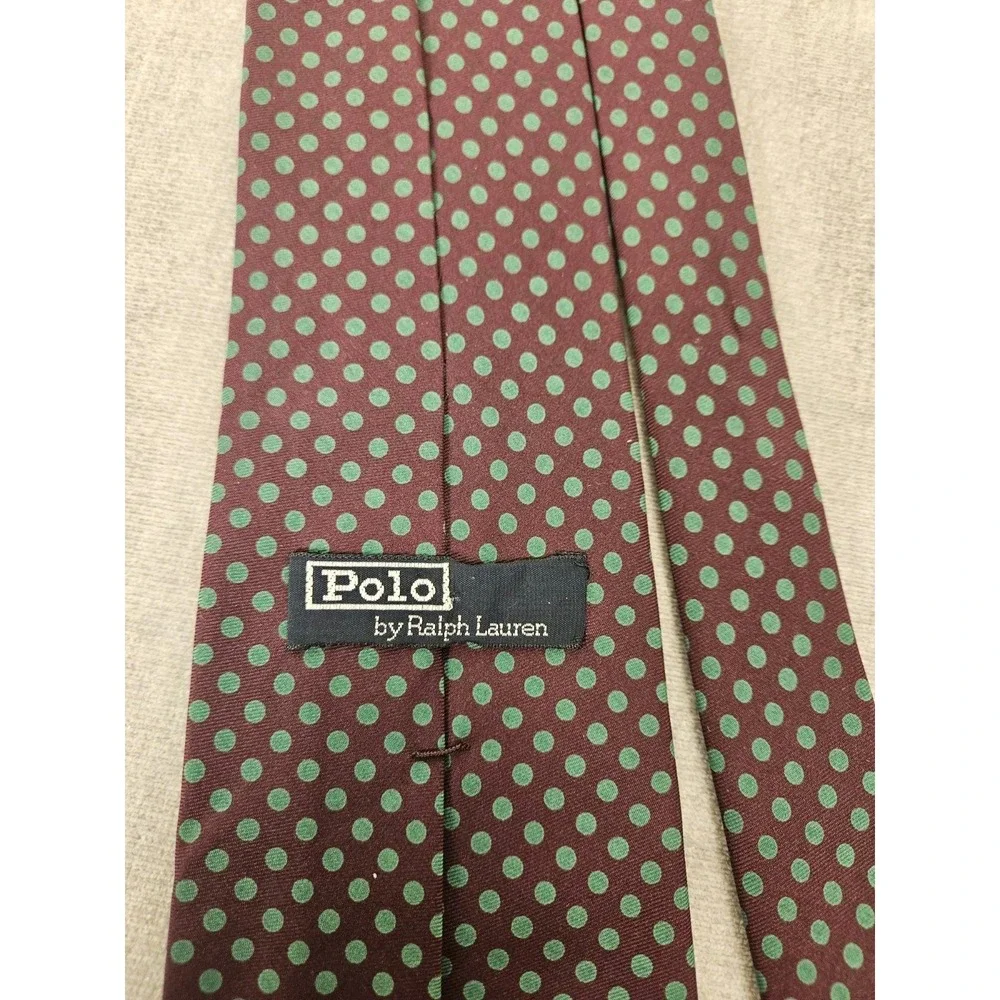 Polo Ralph Lauren Tie Silk Burgundy Green Polka Dot Made in USA Handmade Necktie